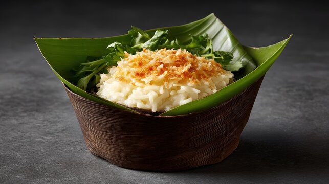 Overhead capture of coconut ice cream with salted peanuts and sticky rice, served in a banana leaf cup, warm golden glow, modern twist on Thai dessert