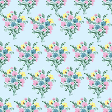 Seamless floral bouquet pattern with colorful wildflowers on a soft pastel blue background.