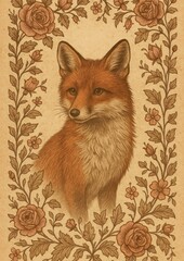 Fototapeta premium Vintage fox with floral elegance.