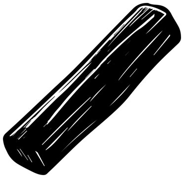 Solid black hand drawn illustration of a single stick of charcoal or deep black drawing crayon with a textured slightly irregular cylindrical shape on a clean white background