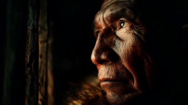 Elderly man gazing thoughtfully from a dim room