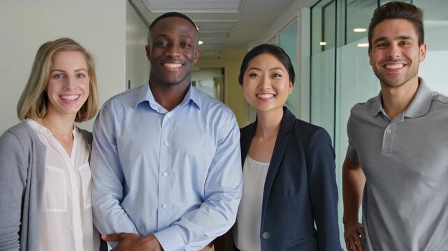 Portrait of four multiethnic professional staff members smiling together in a modern office hallway