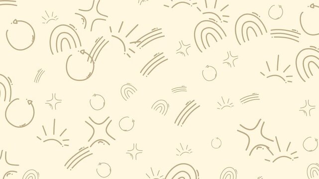 Abstract background with suns, rainbows, stars, and circles in a colorful, random pattern. Ideal for backgrounds, prints, packaging, and websites.