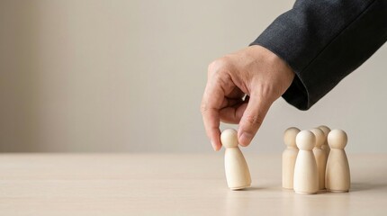 recruitment, leadership, human resources, selection, hiring, talent acquisition, business strategy concept with a businessman hand picking a wooden figure from a diverse group.