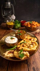 Indian Cuisine A delicious spread of naan, rice, and curries