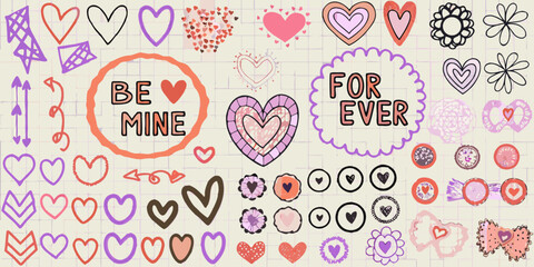 Naklejka premium A colorful collection of hand drawn hearts and romantic doodles on lined paper