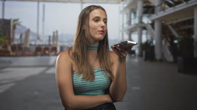 Young brunette woman holding smartphone to mouth and speaking into phone at airport terminal with arms crossed and closed eyes, mid conversation; thoughtful waiting.