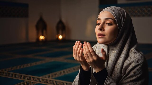 Serene Muslim woman in elegant hijab with intricate gold patterns praying with hands raised in a mosque with soft lantern light creating a peaceful atmosphere
