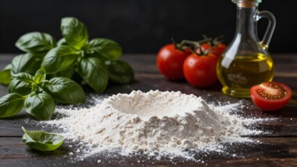 Fototapeta premium Scene Showing Various Pizza Items Laid Out With Natural Lighting Effect, Flat Layout Arrangement Of Different Ingredients Used In Making Pizza Under Natural Light Conditions