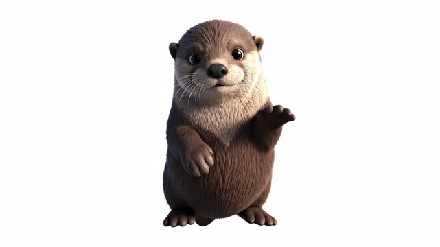 An adorable animated otter with brown fur and whiskers stands upright on its hind legs with one forepaw gently raised set against a pristine white background
