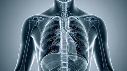 Professional medical photograph displaying x ray scan of human torso ribs lungs and inner organs detailed anatomical structure