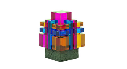 Abstract Sculpture with Translucent Colored Blocks on Stone Base
