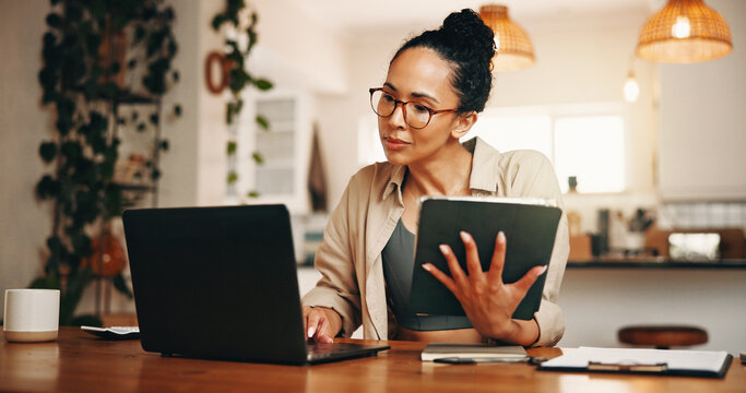 Laptop, woman or tablet for remote work in home, financial records evaluation or check for accuracy. Review, digital archive or freelance auditor with internal investigation, risk assessment or tech