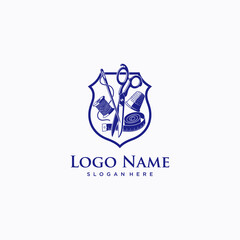 Fototapeta premium Vintage Tailor Sewing Kit Shield Emblem for Fashion Design and Workshop White Background Vector Logo Design.