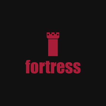 Minimalist Red Fortress Tower Icon for Security and Defense Brand Black Background Vector Logo Design.