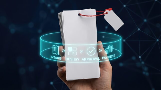 Receipt and invoice workflow intake review approval payment on holographic ring, hand holding blank tag stack with red seal string, finance operations compliance background with copy space