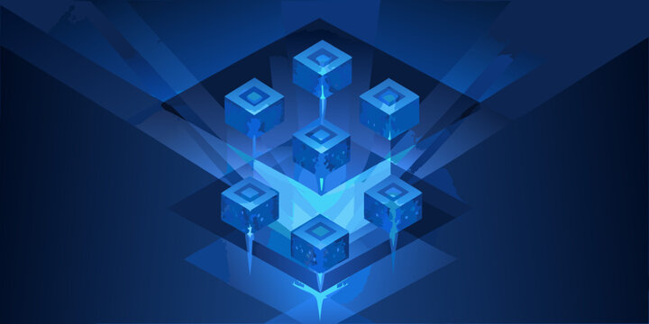 Abstract geometric structure of glowing blue cubes in a digital space