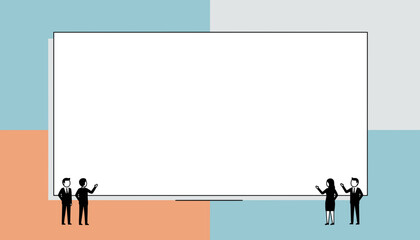 Obraz premium Business people presenting on a large blank whiteboard with a colorful background.