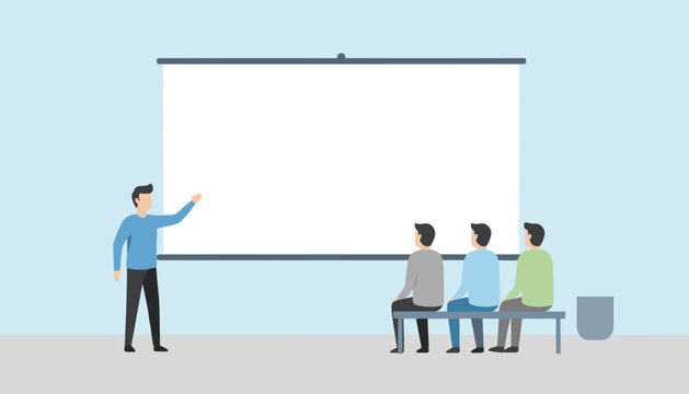 A man presenting to a small audience in a meeting room with a large blank projection screen.