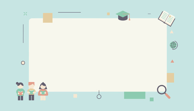 A minimalist illustration of an educational background with children, books, and learning symbols on a light blue backdrop.