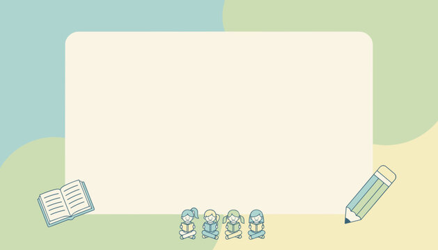 A pastel-colored background with a large blank frame, featuring an open book, four small stylized figures reading, and a large pencil, ideal for educational content or children's themes.