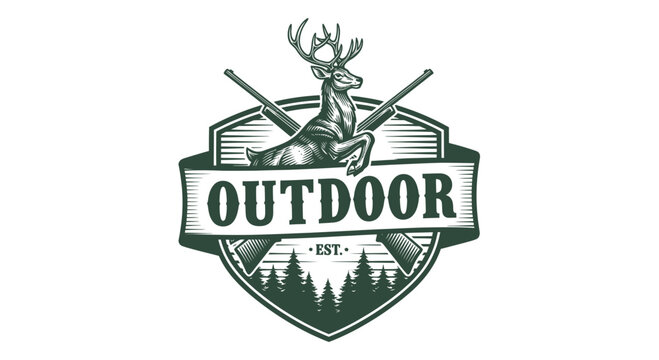 Vintage Outdoor Hunting Emblem with Deer and Rifles.