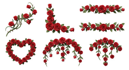 various decorative arrangements made of bright red roses isolated on a white backdrop design elements