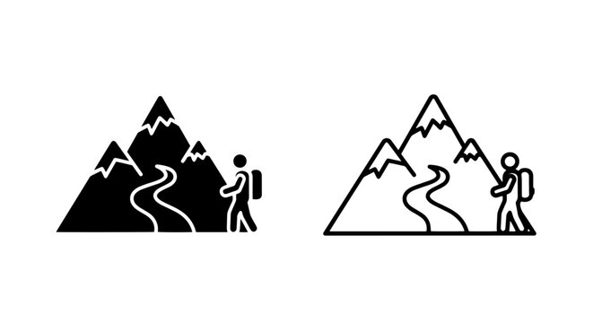 Hiker icon with mountain path, solid and outline vector art for adventure