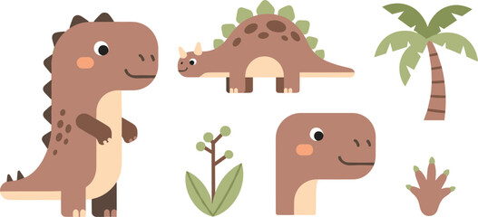 Cute Dinosaur Vector Illustration Set with Cartoon T-Rex and Triceratops Characters Palm Tree and Fossil Footprint for Kids Jurassic Design © ABDUL HAKIM