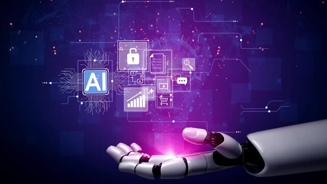 Futuristic Robotic Hand Interacting with Digital Icons Representing Artificial Intelligence, Data Security, and Technology Innovations Gluon.