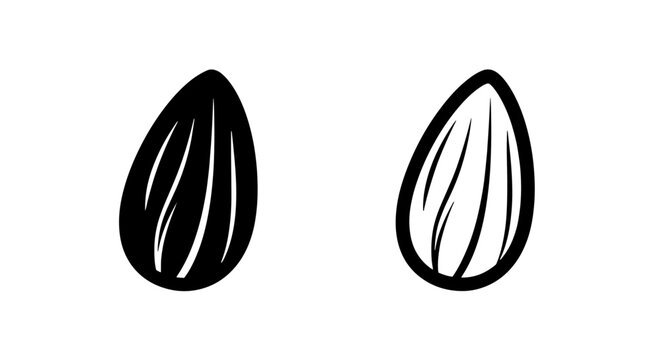 Almond nut icons: solid black and outline vector illustration for food