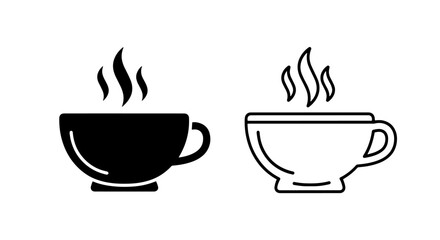 Obraz premium Steaming Hot Beverage Cup Icons: Coffee or Tea Mugs in Solid Black and Outline Style