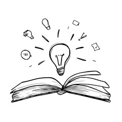 Lightbulb Idea Emerging from Open Book with Educational Symbols