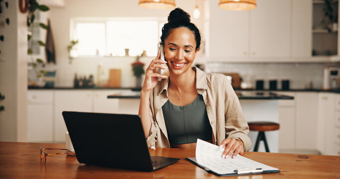 Laptop, paper and woman with phone call for remote work, verification and vendor management for contact. Tech, home or freelance event planner with schedule for coordination, talk or venue setup info