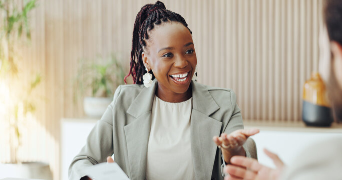 Woman, talking and meeting with smile in office for planning, feedback and article manuscript. Happy, people and discussion with draft document, copywriting report and teamwork for story publication