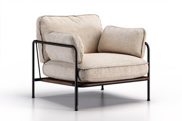 Fototapeta premium Modern Armchair with Textured Fabric and Black Metal Frame, Isolated on White Background