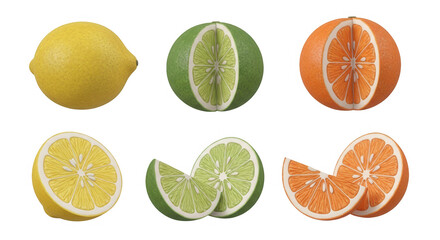Obraz premium various citrus fruits sliced and whole on a white background suggesting healthy eating and food preparation for recipes