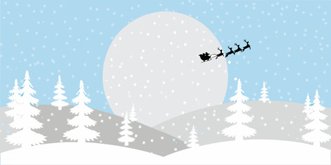 Santa claus and reindeer fly across a winter landscape with the moon © Ripan