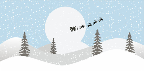 Santa claus and reindeer flying past a large moon in a winter scene © Ripan