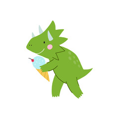 Cute comic dinosaurs and ice cream. Cute cartoon dino for kids t-shirt prints. Green and pink - Vector illustration.  © NadezdaBarkova