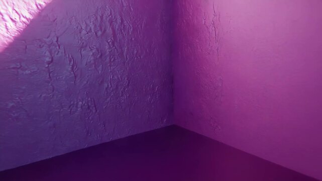 Empty corner with textured pink and violet walls and floor, dappled light and shadow creating a minimalist, contemporary abstract background with subtle gradient tones