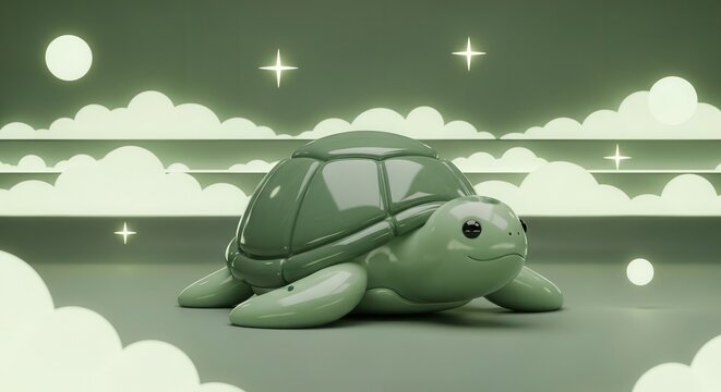 Green turtle-shaped flying vehicle with spaceship-like floating above fluffy clouds in outer space