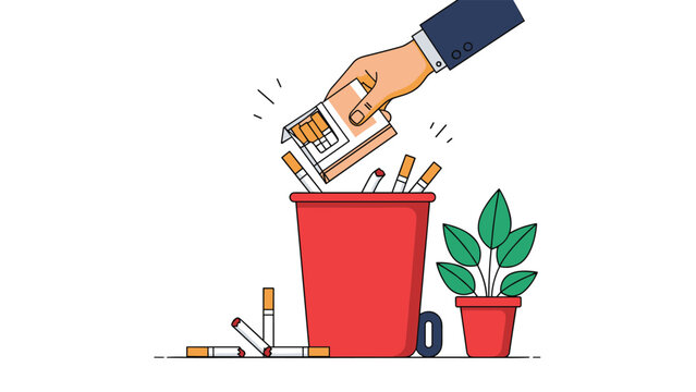 Professional hand in a business suit throwing a pack of cigarettes into a red trash can to quit smoking for health.