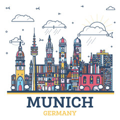 Outline Munich Germany city skyline with colored modern and historic buildings isolated on white. Illustration. Munich cityscape with landmarks.