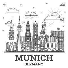 Outline Munich Germany city skyline with modern and historic buildings isolated on white. Illustration. Munich cityscape with landmarks.