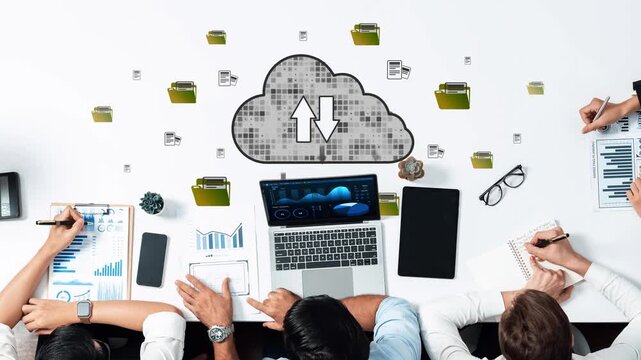 A modern workspace showcasing data management and cloud storage concepts with devices, charts, and collaborative elements that enhance productivity and efficiency. Raster