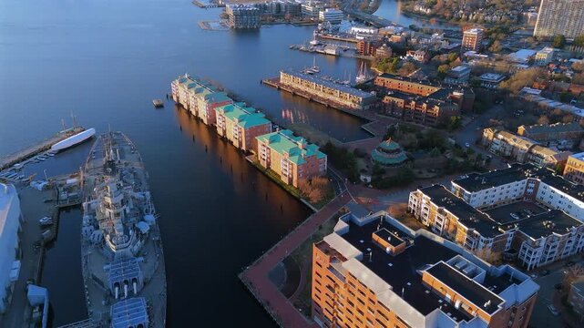 Waterside residences and waterfront with USS Wisconsin Norfolk