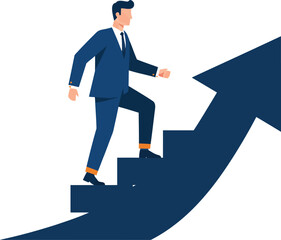 Obraz premium Dynamic professional in a suit ascending an upward arrow, symbolizing career growth, business development, and the successful pursuit of ambitious goals and future achievements