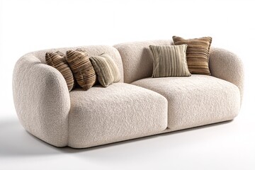 Modern white boucl&eacute; fabric corner sofa with textured throw pillows in neutral living room