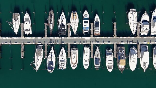 Aerial top down view of yachts and boats in a marina at Miami, Florida